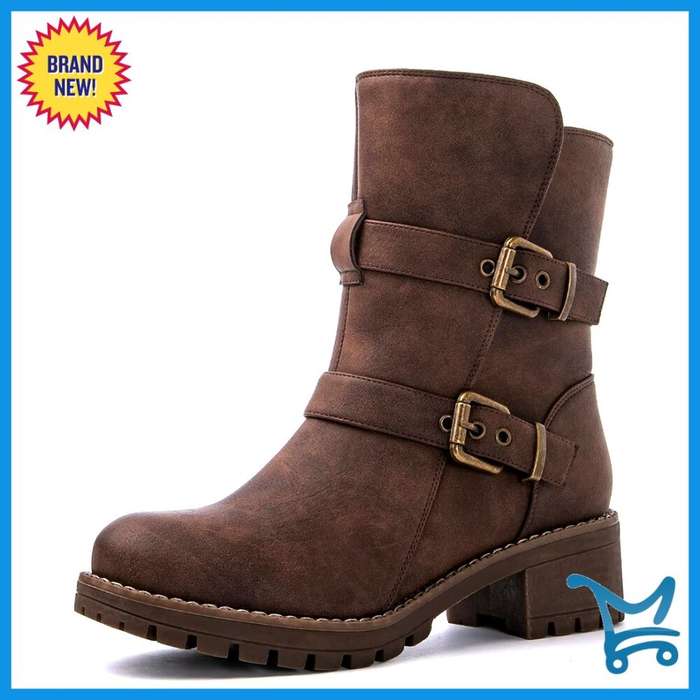 Faux Fur Lined Ankle Boots Winter Moto Boots Adjustable Buckles